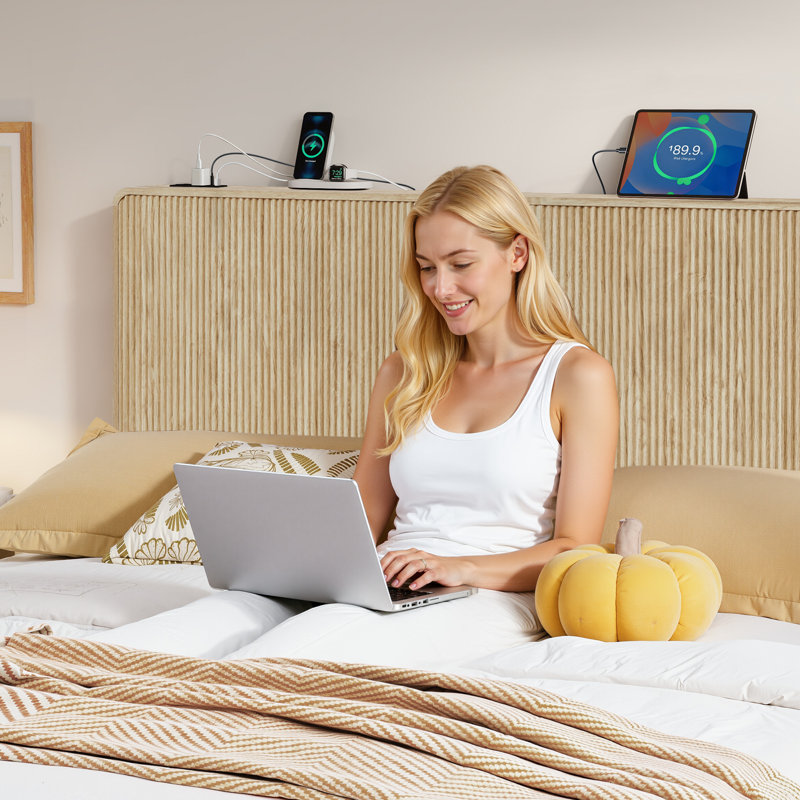 Headboard With Charging Station, Natural, King