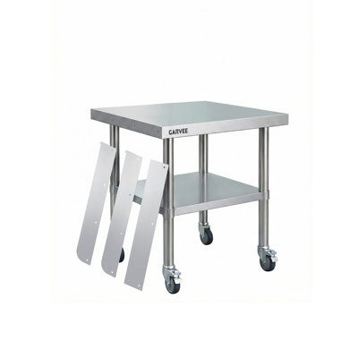 Table de travail en acier inoxydable avec rebord à 3 côtés amovible et 4 roues verrouillables, chariot de préparation de cuisine commerciale robuste (30 x 30 pouces)