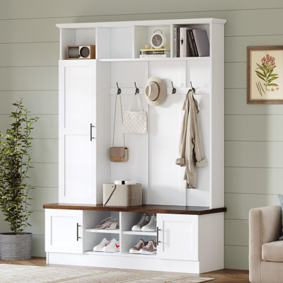 6-In-1 Hall Tree With Bench And Shoe Storage, Farmhouse Storage Bench With Adjustable Shelves, Modern Entryway Coat Rack With 6 Hooks Multiple Storage by Red Barrel Studio