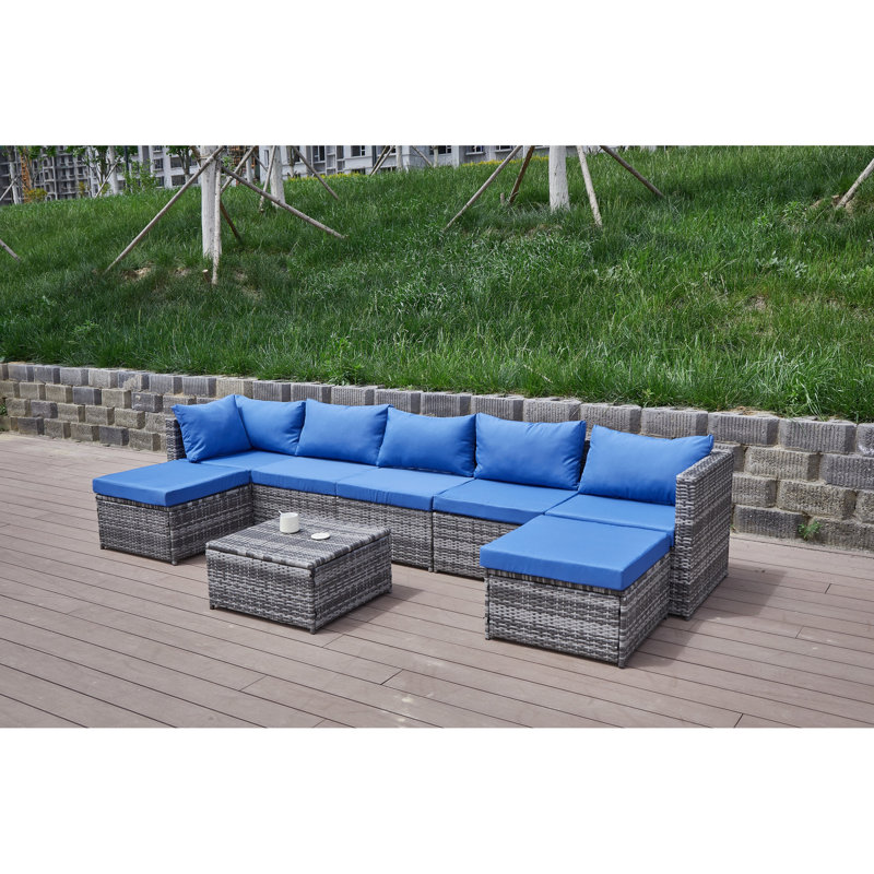 Patio With Cushions - Create A Peaceful Outdoor Corner. Powder-Coated Steel Construction. Handwoven Pe In . Water- Blue And Grey Cushion Covers. Great For Backyard, Deck, Patio, Or Porch Stylish
