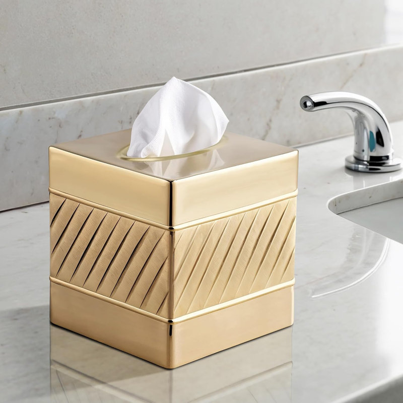 Wave Embossed Metal Tissue Box Cover, Brushed Gold