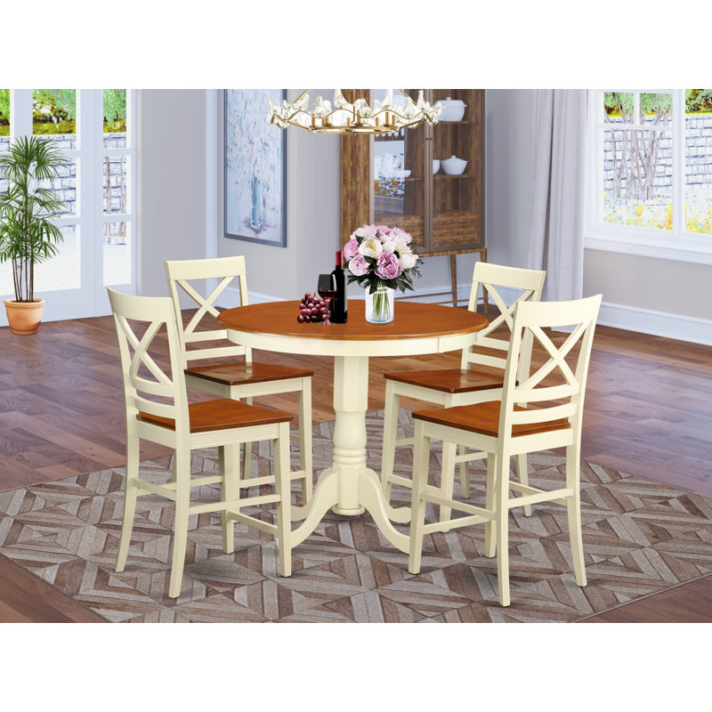 5 Piece Counter Height Dining Set Includes a Round Kitchen Table with Pedestal and 4 Dining Room Chairs, 36x36 Inch, Buttermilk & Cherry