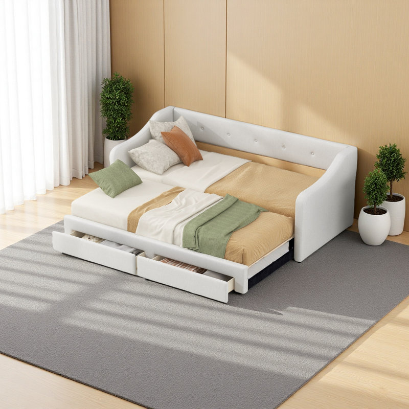 Twin XL To King Size Upholstered Daybed With Two Drawers, Beige