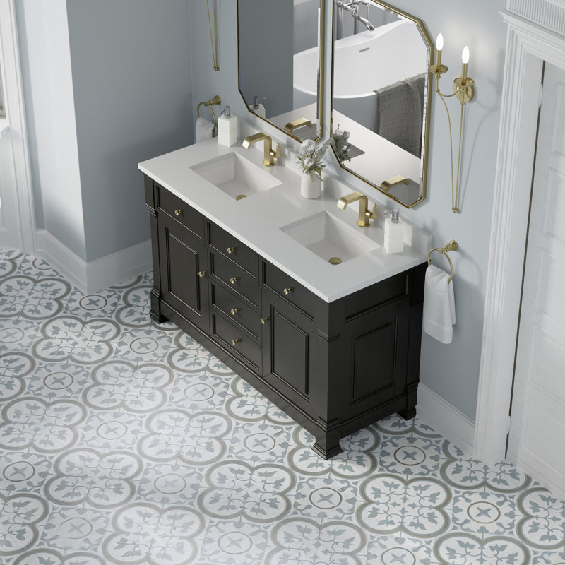 Brookfield 60'' W Double Vanity, White Zeus, Single Hole, Black Onyx