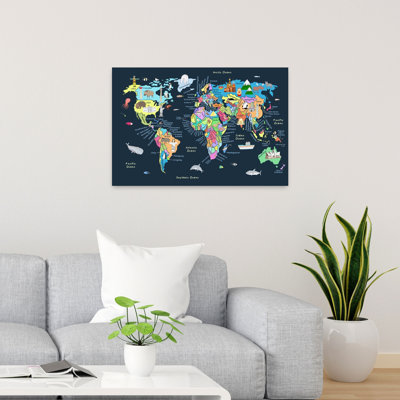 Kids World Map Animals Colorful Playful Contemporary Animal Wall Art Print by Carla Daly - Wrapped Canvas Print