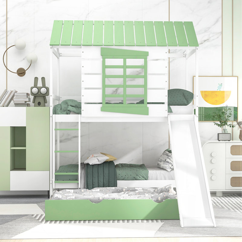 Lit superposé simple au-dessus de simple avec glissière convertible et lit gigogne, blanc et vert