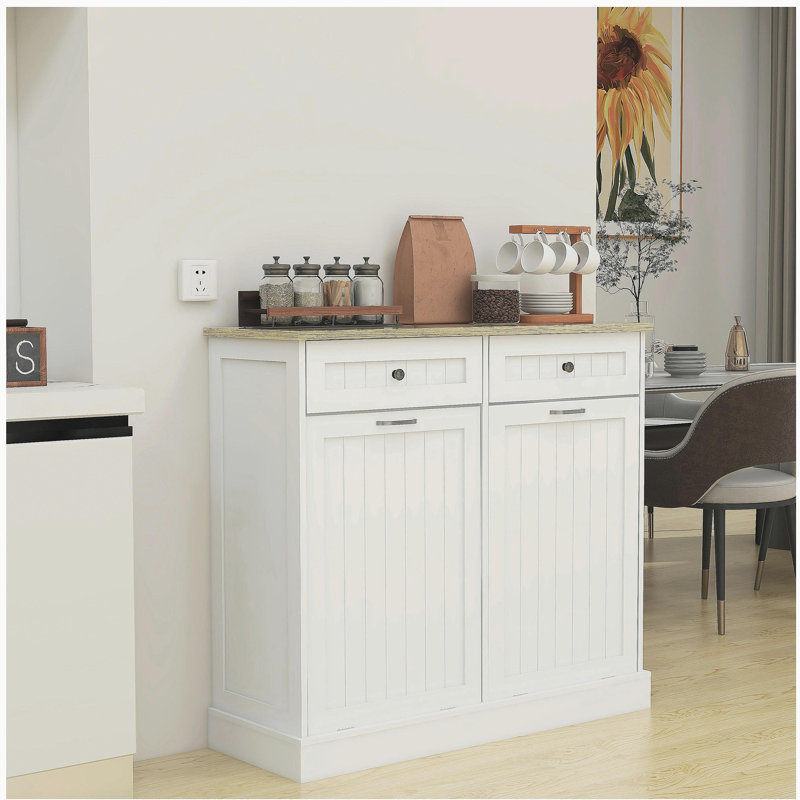 Armoire poubelle de cuisine à deux tiroirs et deux compartiments inclinables - blanc