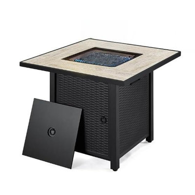 Table de foyer au propane carrée de 76 cm (30 po). Foyer extérieur 2 en 1 de 60 000 BTU avec couvercle en acier et pierres de lave. – Convient pour patio, terrasse et jardin.