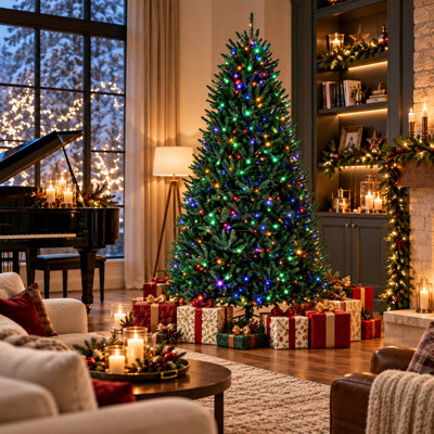9' Pre-Lit Colorado Blue Spruce Artificial Christmas Tree with Easy Plug Technology, 880 Dual-Color LED Lights & 11 Modes, Foot Pedal, 3409 Branch Tips & Metal Stand