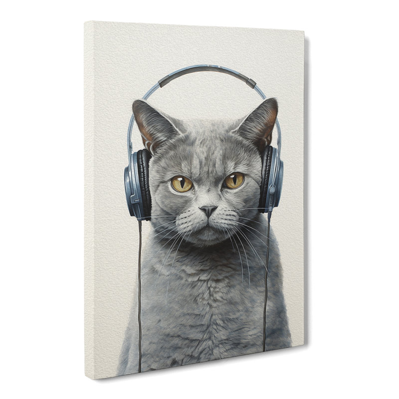 British Shorthair Cat with Headphones - Wrapped Canvas, 50cm H x 35cm W x 3cm D