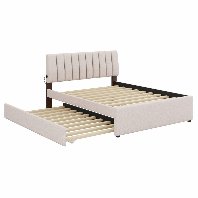 Lit plateforme tapissier avec lit gigogne, Queen, Beige