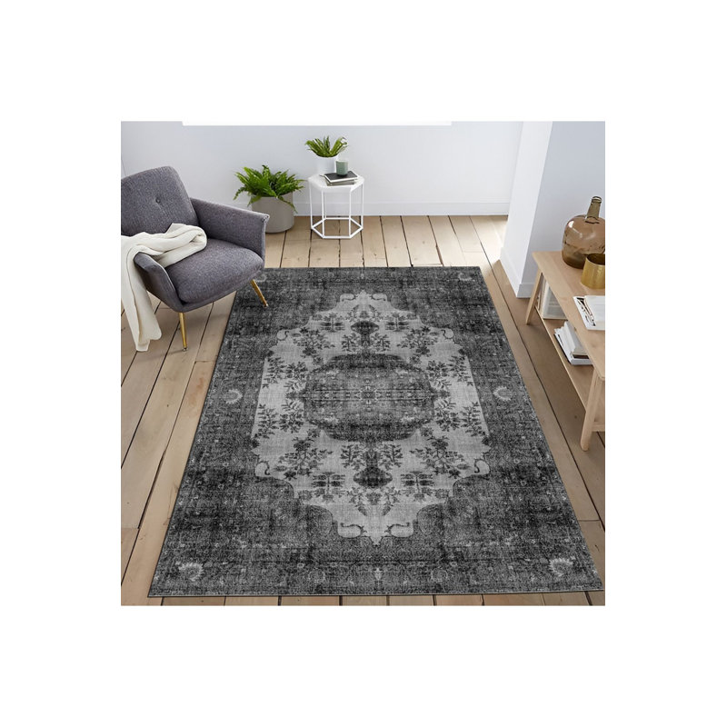 Tapis décoratif lavable à la machine à motif traditionnel noir, Sous-tapis rectangulaire de 3 pi 3 po x 4 pi 11 po