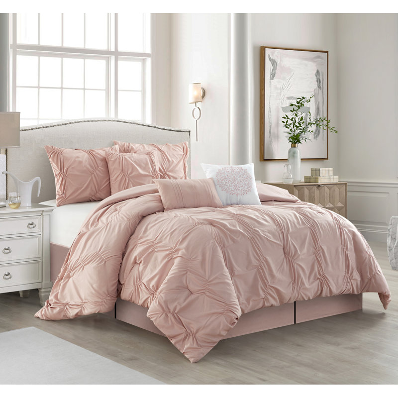 Ensemble d'édredon en microfibre 7 pièces Tatum, Rosé, Édredon très grand californien + 6 pièces suppl