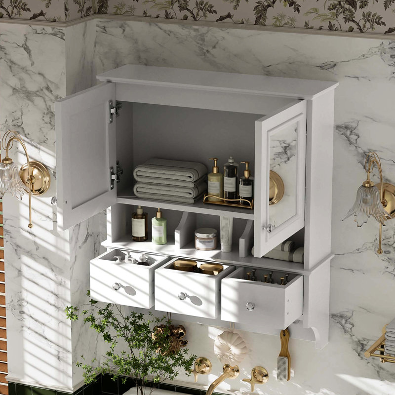 Armoire à pharmacie murale avec 3 tiroirs, crochets et miroirs pour le rangement de la salle de bain, 24 po, style moderne, meuble-lavabo en bois massif peint avec 41 rangements, finition noire