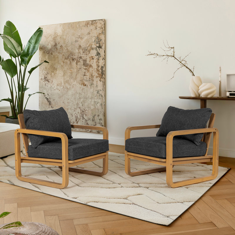 Cyrus Solid Wood Patio Lounge Chair With Black Cushion - Set of 2, Black