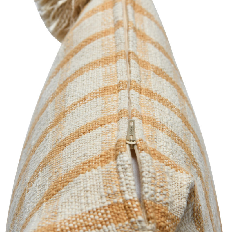 Mustard and Cream Plaid Cotton Pillow with Tassels