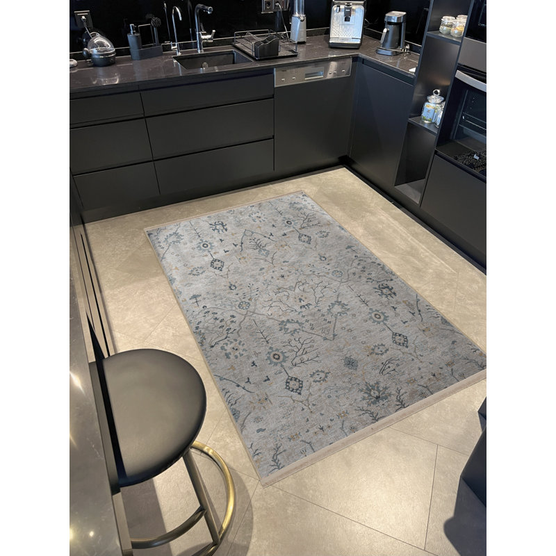 Tapis décoratif rétro à motif floral gris et beige, Rectangle 5 pi 1,02 po x 7 pi 6,55 po