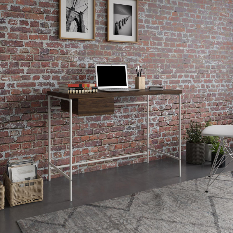 Walnut and Gray MDF Writing Desk with Metal Base