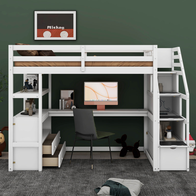 Hilderbran Kids Twin Loft Bed with Drawers, White