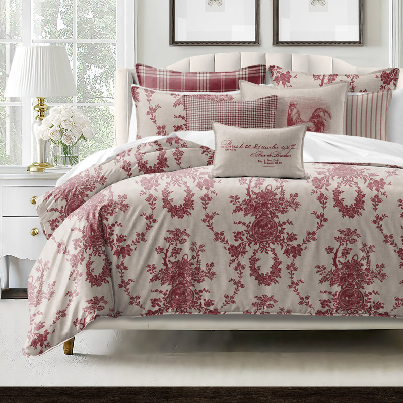 Country Lane Toile Crimson Cotton Duvet Cover Set  8 Piece, Super Queen Duvet Cover + 7 Additional Pieces