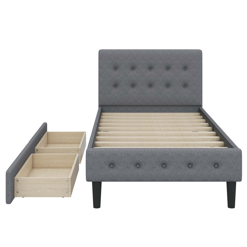 Lit plateforme simple tapissier avec 2 tiroirs, Gris
