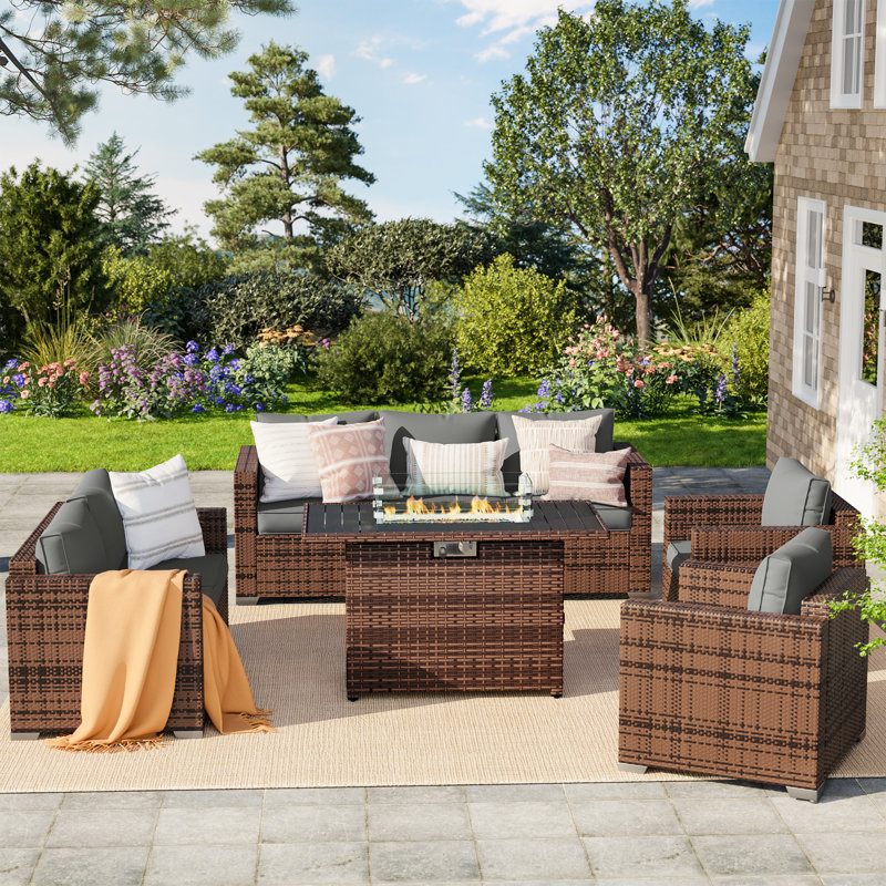 Azoriah 7-Person Wicker Outdoor Seating Group with Fire Pit Table, Gray, 26" H x 44.5" W x 28" D