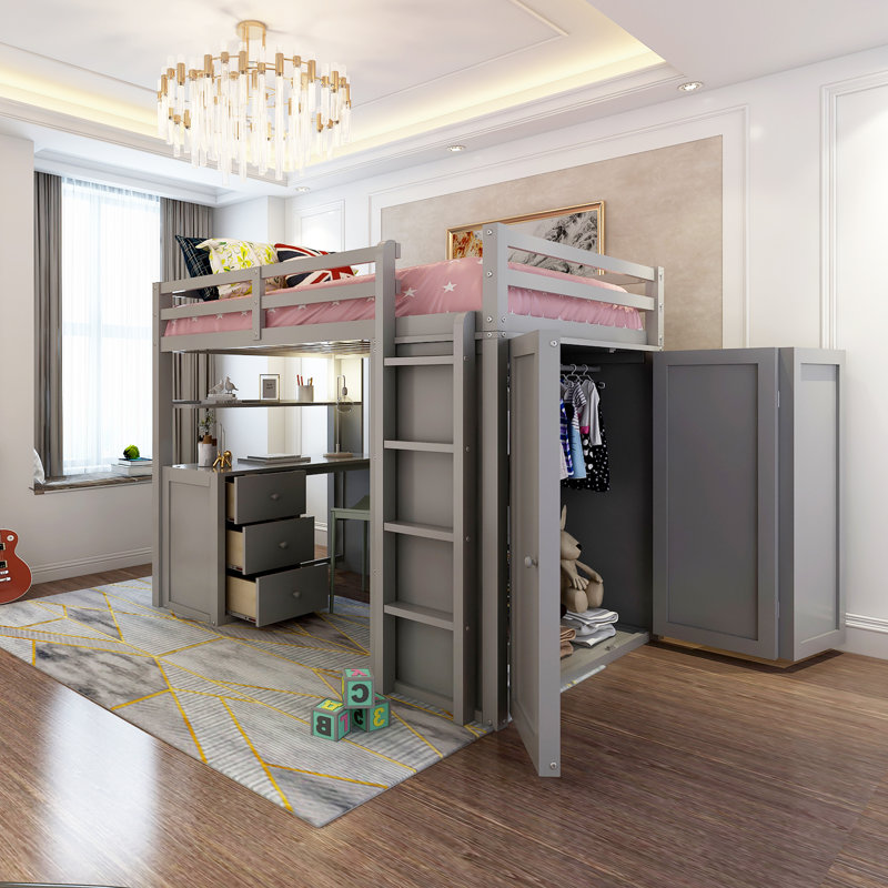 Granvel Kids Full Loft Bed with Drawers, Gray