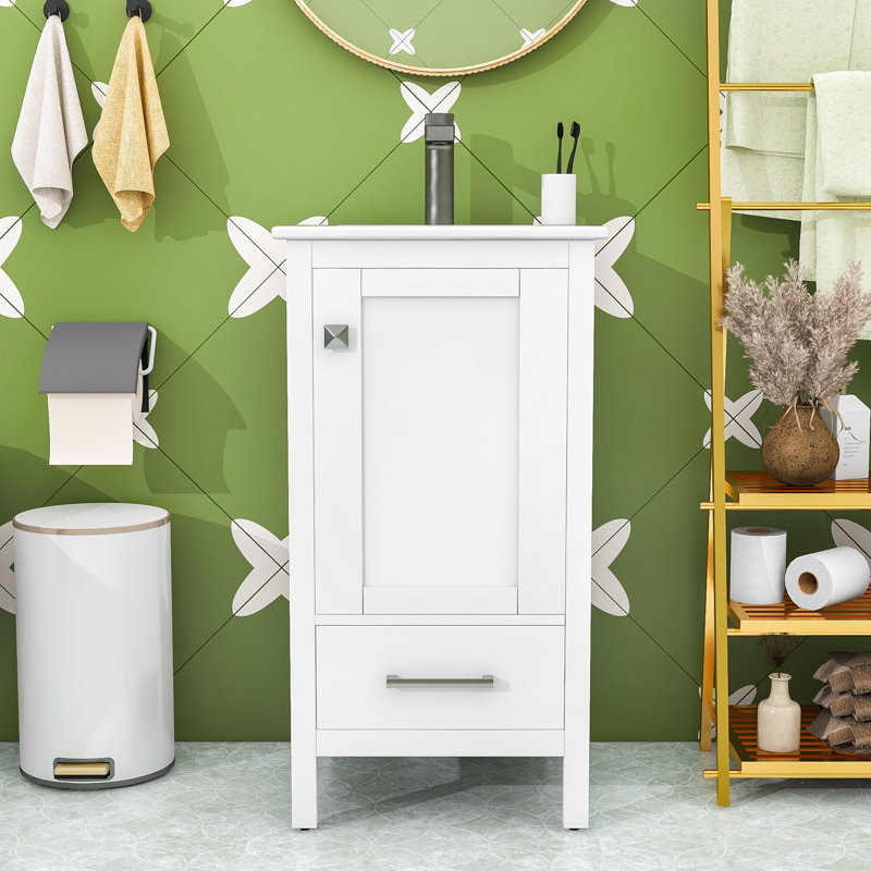 Meuble-lavabo avec lavabo en céramique, tiroir et porte, Blanc