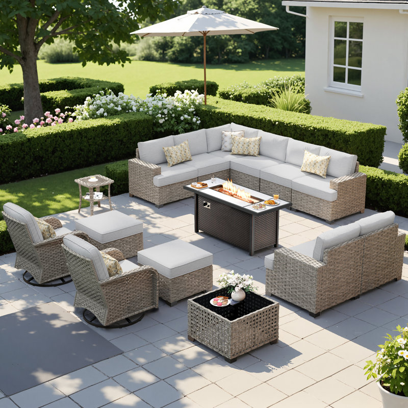 12 - Person Patio Furniture Set with Swivel Rockers, Outdoor Wicker Rattan Sectional Seating Group with Cushions, All Weather Sofa Conversation Set with Fire Pit Table for Garden Backyard