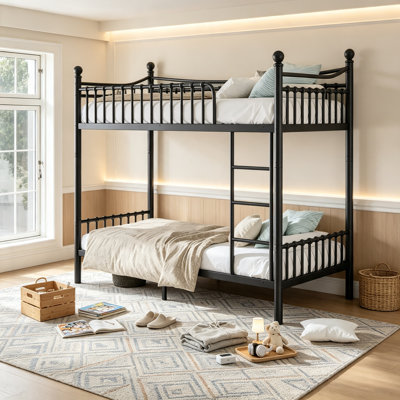 Lit superposé convertible avec garde-corps incurvé, lit superposé en métal divisé en 2 lits plateforme pour enfants adolescents, adultes, taille simple TG sur simple TG, noir