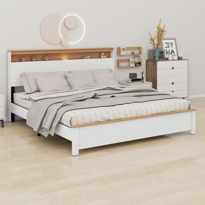 The Rustic Farmhouse Bed Frame With Storage Headboard Comes With A Built-In Charging Station, King