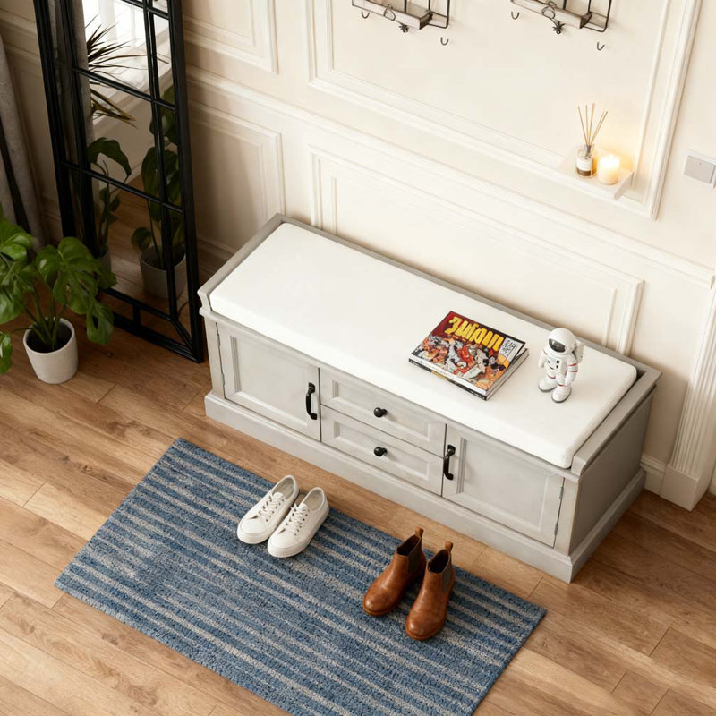 Storage Bench with 2 Drawers and 2 Cabinets, Shoe Bench with Removable Cushion, Gray Wash
