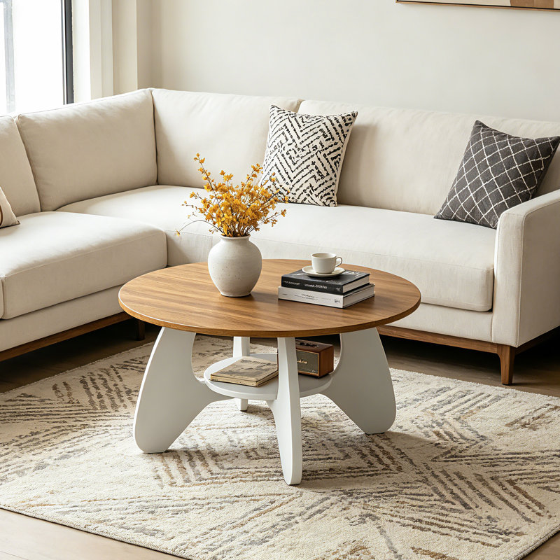 31.5" Circle Coffee Table for Living Room, 2-Tier Wood Accent Center Table with Open Storage, Walnut/White