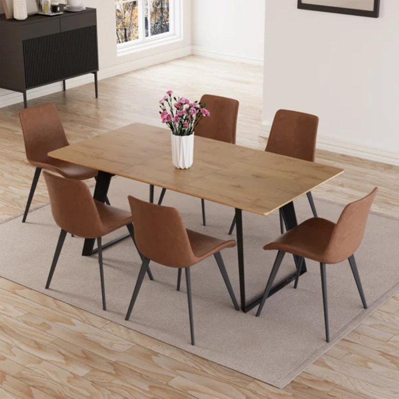 Jilliann Modern Kitchen Dining Set Expandable to 66.9"L Table Set with 32.4"H Dining Chair, 7 Pieces: Table, 6 Chairs, Brown