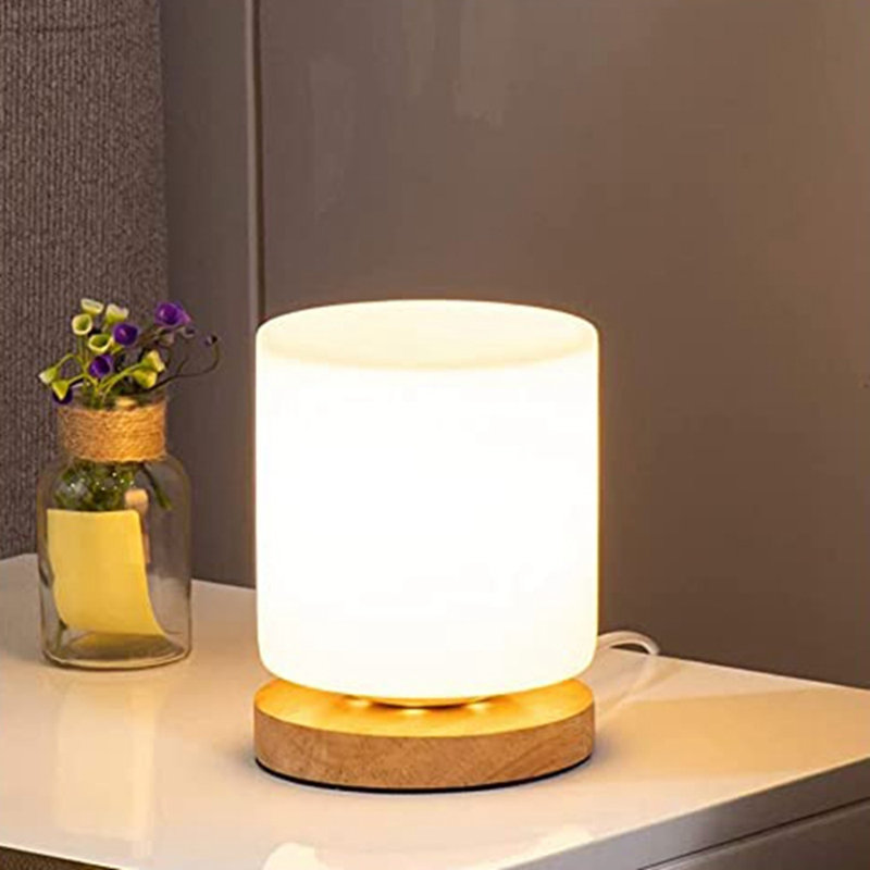 Abat-jour boule de verre avec lampe de chevet et charge USB avec base en bois à intensité variable pour le salon, la chambre à coucher et la décoration intérieure