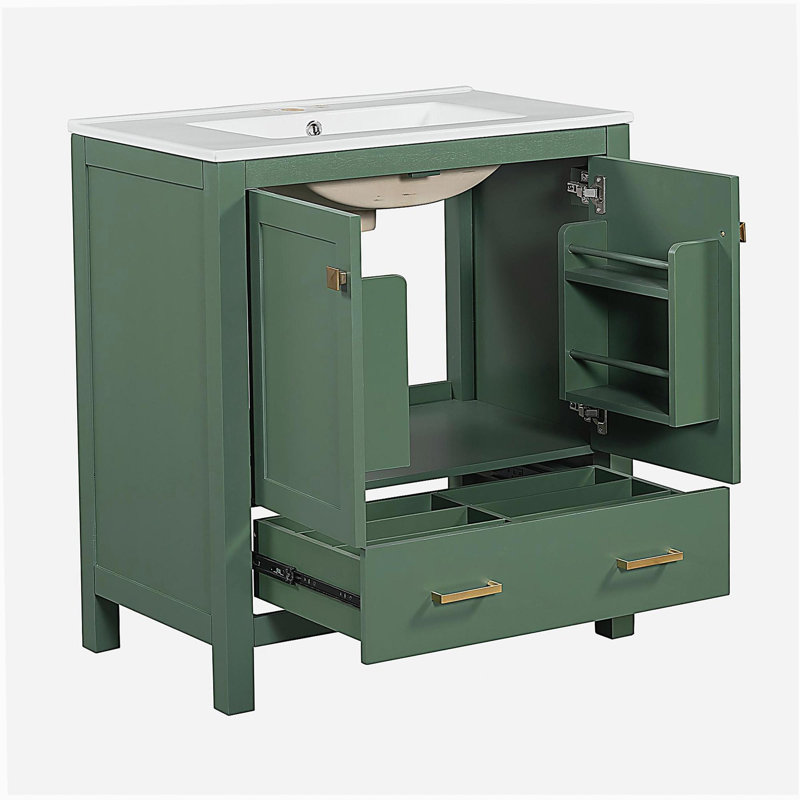 Lavabo de salle de bain vert de 30 pouces avec cuve simple, comptoir combiné sous l'évier, armoire de rangement de salle de bain avec 2 portes et 1 tiroir, rangement multifonctionnel à fermeture en douceur