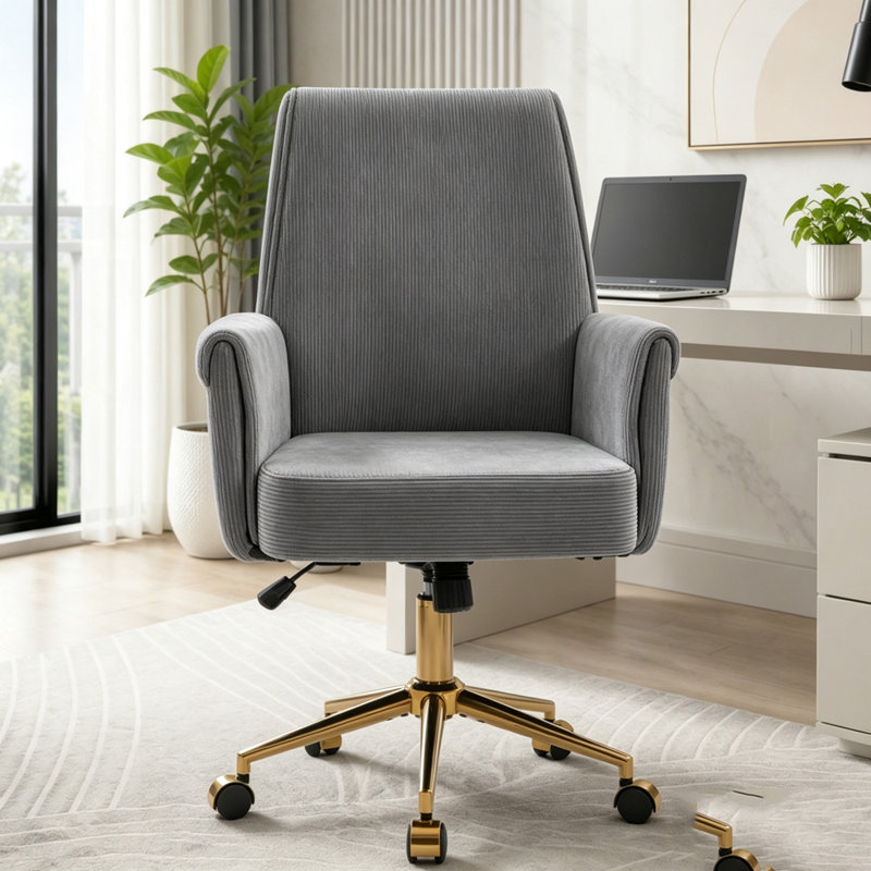 Chaise de bureau ergonomique à dossier moyen avec base dorée luxueuse, Velours côtelé gris