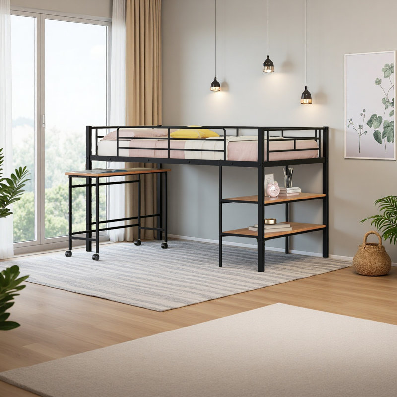 Lit mezzanine simple en métal avec bureau et tablettes, Black