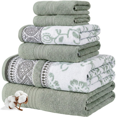 Ensemble de 6 serviettes de bain, comprenant 2 serviettes de bain, 2 serviettes de toilette et 2 débarbouillettes, 100 % coton, ultra-absorbant et extra doux – Motif floral réversible (vert)