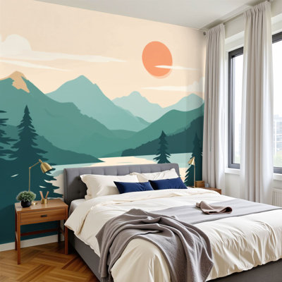 Boho Peel and Stick Wallpaper Mountain Lake Sunset Pine Forest Silhouette Layered Peaks Minimalist Wall Murals 100"H x 144"W Removable PVC Wall Paper Self-Adhesive Wall Paintings Art Decor for Bedroom Living Room