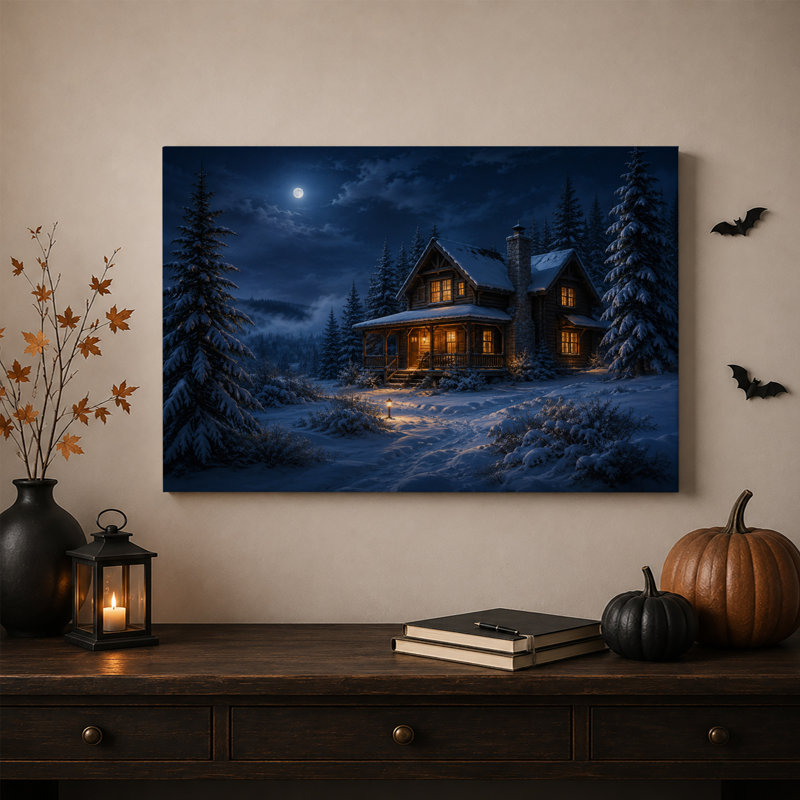 Cabane en bois rond enneigée aux fenêtres illuminées sous une toile murale d'Halloween, H 24 po x l 36 po