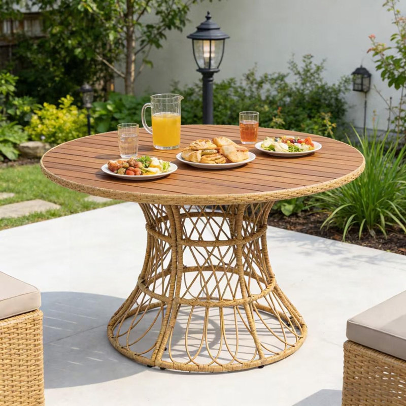 Table de salle à manger d'extérieur - Plateau rond en bois d'acacia et base en osier, Teck
