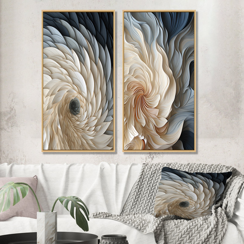 Plume blanche et bleue en spirale I - ensemble de 2 décorations murales géométriques abstraites, Cadre flottant brun
