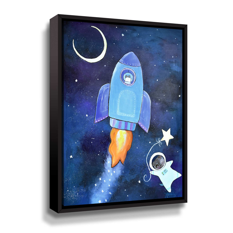 Outer Space Adventure - Peinture sur toile, Cadre flottant noir, H 18 po x l 14 po x P 2 po