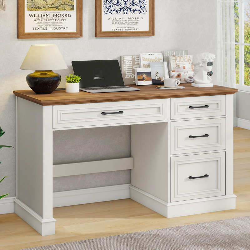 Farmhouse 47" Executive Desk With Charging Station, Brown/White
