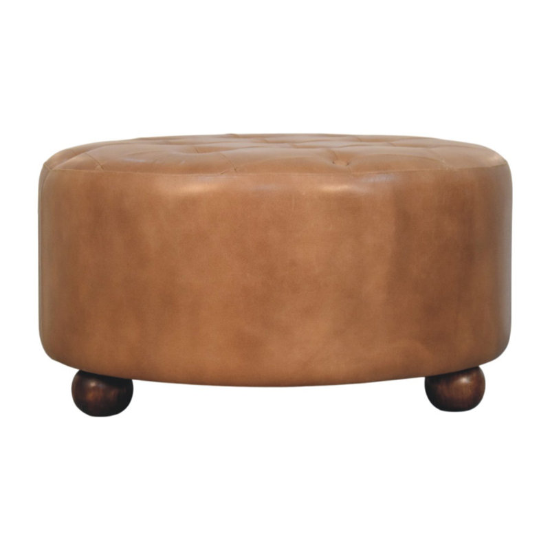 Brown Buffalo Hide Leather Round Ottoman