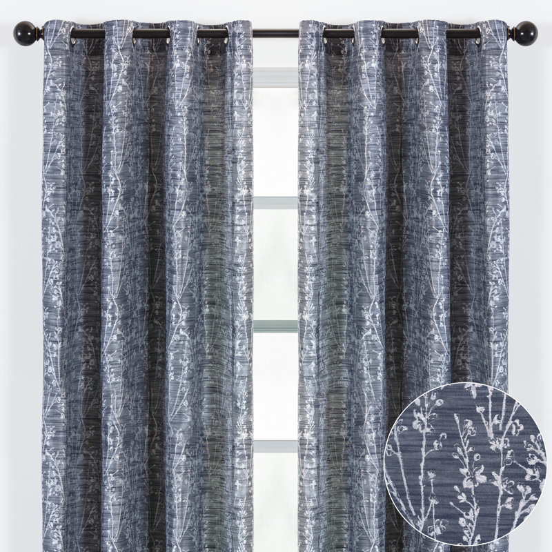 Floral Semi-Sheer Grommet Curtain Panels, 52" W x 108" L, Dark Blue