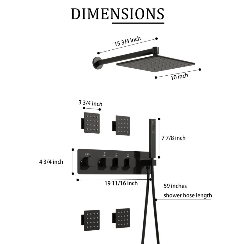 Thermostatic Shower System With 10" Ultra-Thin Square Shower Head,Body Jets And Hand Shower, Matte Black