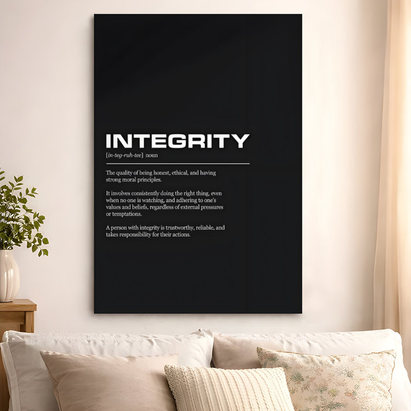 [Définition de l'intégrité] [Affiché en texte gras sur fond sombre, style artistique]. Art mural encadré en toile - Cadre en bois massif de 24 po x 36 po et 1 po d'épaisseur pour le salon ou la chambre à coucher