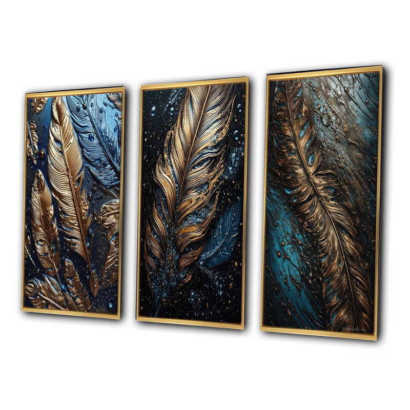«Gold Feather Glamour», 3 pièces sur toile, H 40 po x l 60 po, Cadre flottant doré